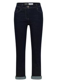 Jeans de mezclilla azul oscuro con puños doblados, cierre frontal de botón y cremallera, y bolsillos delanteros.