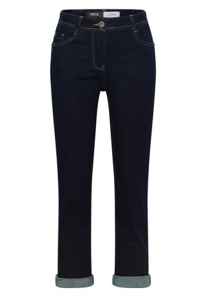 Jeans in denim blu scuro con orli piegati, chiusura frontale con bottone e zip, e tasche anteriori.