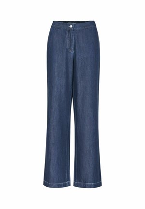 Wide-leg, dark blue denim pants with a high waistband, front pocket, and silver button closure. Smooth texture with stitched hem detailing.