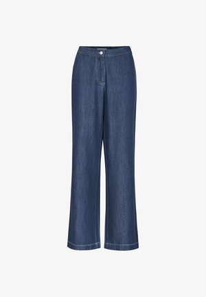 Laiad, tumesinised teksapüksid kõrge vöökohaga, ees tasku ja hõbeda nööbi kinnitusega. Sile tekstuur, millel on äärise õmblemise detailid.