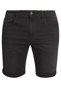 Černé džíny šortky s klasickým střihom, ohrnutými lemy, designem s pěti kapsami, zapínáním na knoflík a jemným blednutím pro texturu.