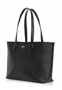 Czarna skórzana torba typu tote z dwoma długimi uchwytami i małym złotym logo marki na środku górnej części przedniej strony.