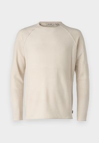 Pull en maille beige avec un motif texturé, col rond et manches longues raglan. Tissu doux avec des détails de rayures horizontales.