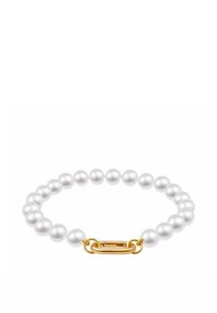 Biały perłowy bransoletka z złotym zapięciem. Perły są równo ułożone i mają gładką, błyszczącą teksturę. Zapięcie ma owalny kształt.