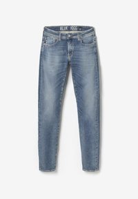 Lichtblauwe denim jogger jeans met een slim fit. Kenmerken zijn een tailleband, voorzakken en een subtiele vervaging op de stof.