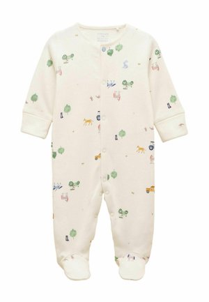 Detské body krémovej farby so zapínaním na patentky, zdobené malými potlačami stromov, zvierat, traktorov a vozidiel.