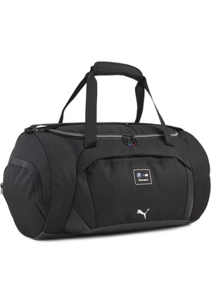 Czarna sportowa torba BMW Motorsport Puma z główną komorą zapinaną na zamek, przednią kieszenią, boczną kieszenią i wyściełanymi uchwytami do przenoszenia.