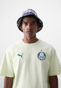 Camiseta de algodón verde claro con cuello redondo, que presenta un logo de Puma verde, un escudo circular de Palmeiras con una estrella y un sombrero tipo bucket a cuadros azules.