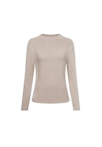 Helles beige langärmliges Strickpullover mit Rundhalsausschnitt, ausgestattet mit einem strukturierten Muster und slim fit Design. Glattes Material mit einem gerippten Saum.
