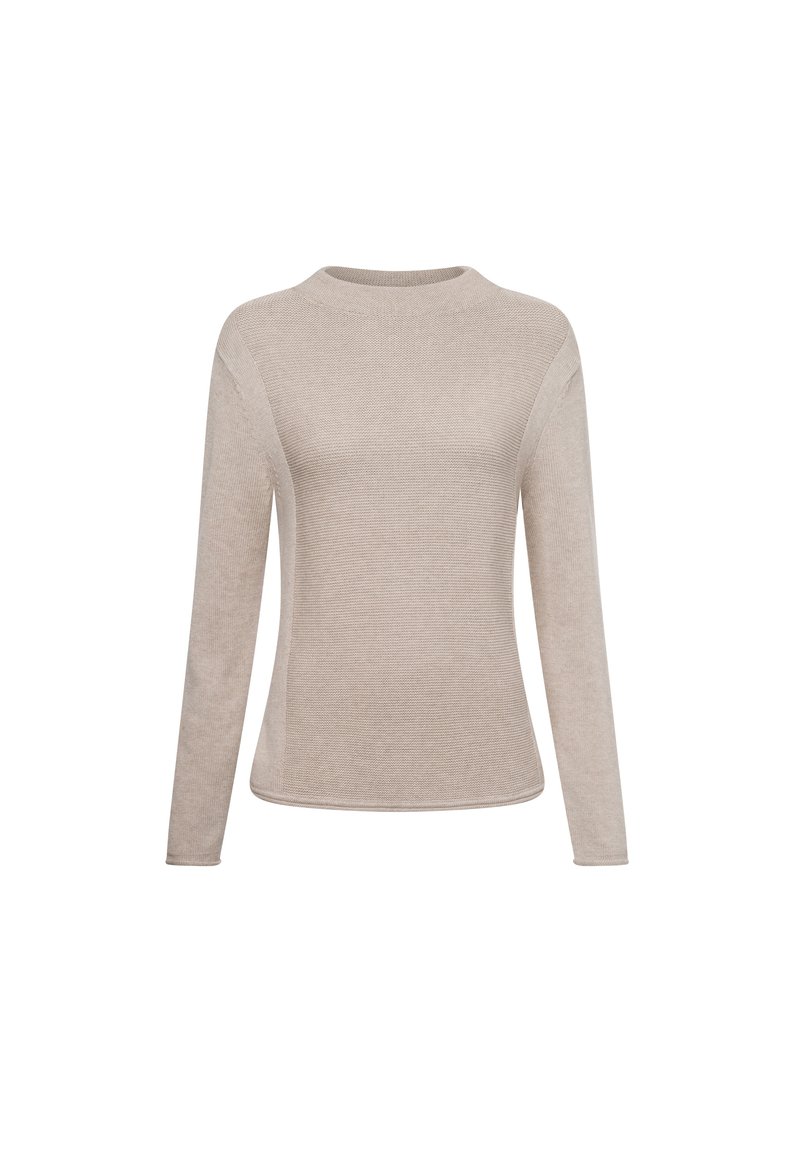 Helles beige langärmliges Strickpullover mit Rundhalsausschnitt, ausgestattet mit einem strukturierten Muster und slim fit Design. Glattes Material mit einem gerippten Saum.