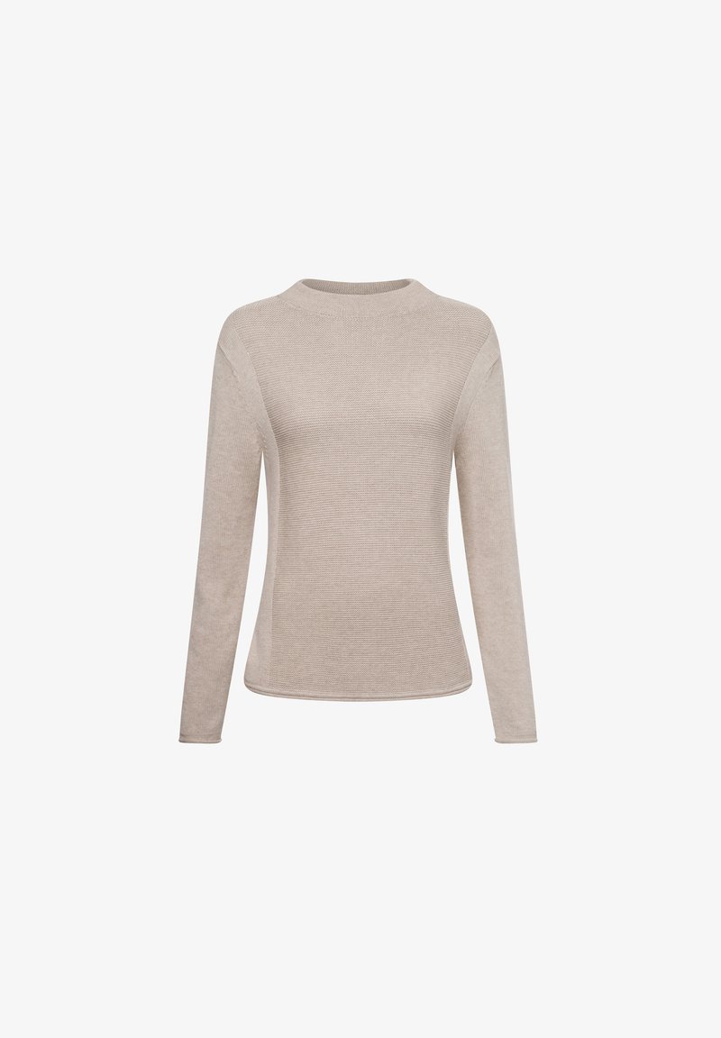 Helles beige langärmliges Strickpullover mit Rundhalsausschnitt, ausgestattet mit einem strukturierten Muster und slim fit Design. Glattes Material mit einem gerippten Saum.