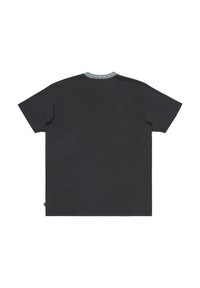 Black t-shirt with a round neck, featuring a decorative collar pattern in turquoise and green. Short sleeves, made of soft cotton fabric.