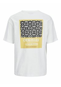 T-shirt bianco in cotone con una grande grafica gialla e nera sul retro che mostra la scritta "ORIGINALS COLLECTIVE" e un motivo geometrico.