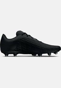 Zwarte voetbalschoen met een textuur, gevoerde bovenkant, ronde neus en zes gestopte rubberen spikes voor grip; strak ontwerp met een low-profile silhouet.
