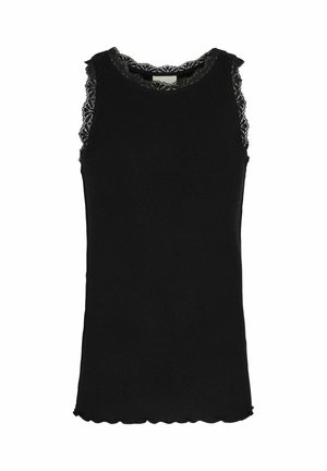 Sort ærmeløs ribbet top med blonderkant langs halsudskæringen og ærmegab samt bølget kant forneden.