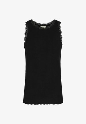Czarny bezrękawnik z prążkowanej dzianiny, z koronkową lamówką wokół dekoltu i pod pachami oraz falowanym dołem.