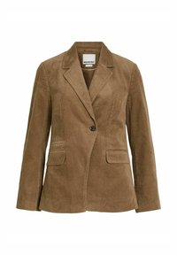 Blazer en velours côtelé marron avec revers à cran, fermeture à un bouton et deux poches avant. Tissu texturé avec des côtes verticales.