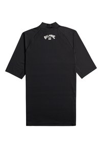 Czarna koszulka z krótkim rękawem typu rash guard z wysokim kołnierzem, z białym logo "Billabong" z tyłu. Wykonana z gładkiego, elastycznego materiału.