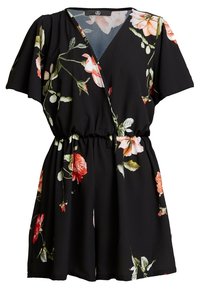 Mono floral negro con mangas cortas, que presenta un diseño envolvente y cintura elástica. Contiene rosas rosas y rojas con hojas verdes.
