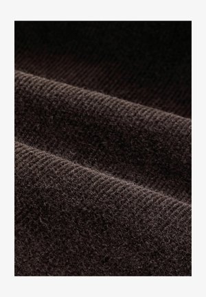 Dark brown fabric with a soft texture, featuring ribbed patterns and subtle fuzziness, laid in folds to showcase depth and material quality.