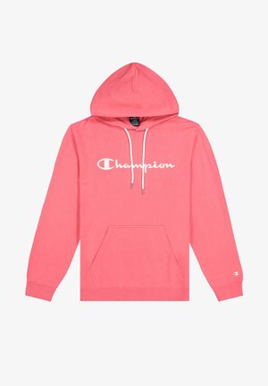 Różowa bluza z kapturem z białymi troczkami, przednią kieszenią kangura oraz białym napisem logo Champion na piersi i małym logo na lewym rękawie.