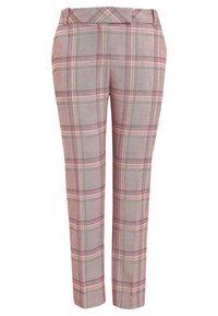 Pantalon à carreaux avec une base gris clair et des lignes roses, vertes et jaunes. Coupe ajustée avec poches et texture lisse.