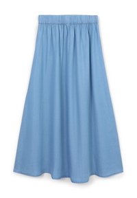 Gonna azzurra chiara, lunga fino al ginocchio, con vita elasticizzata. Realizzata in tessuto liscio, con un design svasato e senza modelli o dettagli visibili.