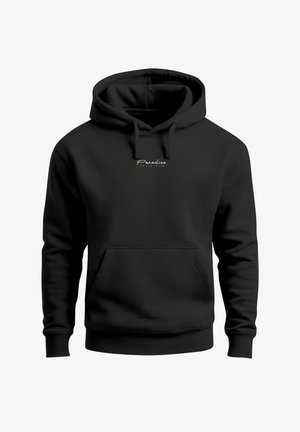 Black hoodie with a front pocket, drawstring hood, and white text that reads "Paradise NEVER LESS" on the chest. Smooth, fleece material.