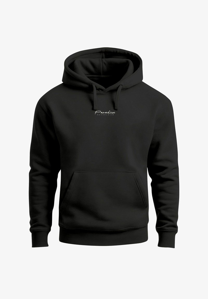 Black hoodie with a front pocket, drawstring hood, and white text that reads "Paradise NEVER LESS" on the chest. Smooth, fleece material.