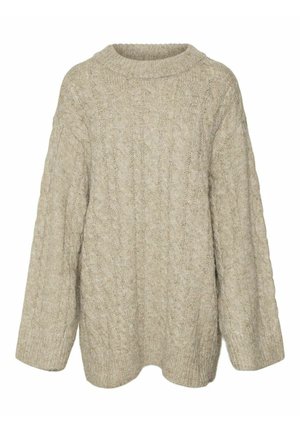 Lys beige kabelstrikket sweater med høj hals, lange ærmer og en løs pasform. Struktureret mønster hele vejen igennem, med blødt, kraftigt garn.
