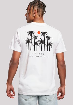 White cotton t-shirt featuring a graphic of black palm trees and a red sun on the back, with "ESCAPE" text below. Short sleeves and relaxed fit.