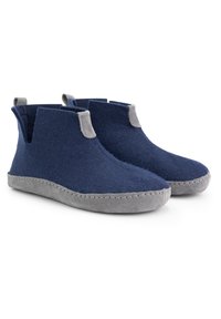 Navy felt ankle boots with gray suede soles, elastic side panels, and contrasting stitched detailing along the base.