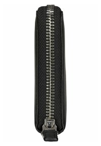Black wallet with a textured fabric surface and silver metal zipper. The zipper runs vertically along one edge for easy access.