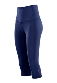 Navy blue high-waisted capri leggings made from smooth, stretchy fabric, featuring flat seams and a fitted design.
