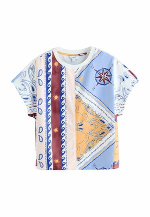 Kurzärmeliges Oberteil mit mehrfarbigen vertikalen Streifen, Paisley-Mustern und Kompassrosen-Designs in Blau-, Gelb-, Weinrot- und Cremetönen.