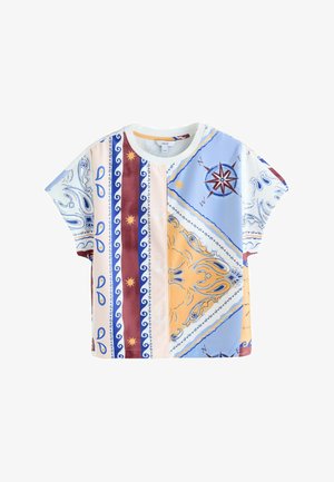 Lühikese varrukaga särk mitmevärviliste vertikaalsete triipude, paisley-mustrite ja kompassiroosimustriga sinistes, kollastes, burgundia- ja kreemitonides.