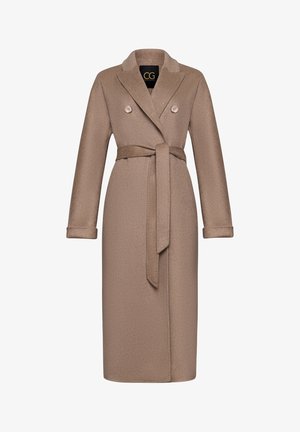Manteau long croisé en mélange de laine marron avec une ceinture à nouer, col horizontal, deux boutons et manches avec revers. Fini texturé.