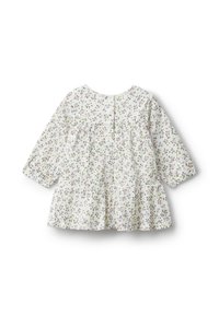 Bílé šaty s květinovým vzorem v růžové, zelené a modré barvě. Dlouhé rukávy, nařasený korzet a rozšířený lem. Zapínání na knoflíky na zádech.