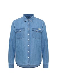 Długi rękaw koszula dżinsowa w jasnoniebieskim kolorze, z kołnierzykiem z guzikami, dwoma kieszeniami na piersi i zaokrąglonym dołem. Teksturowana tkanina z wyblakłym wykończeniem.
