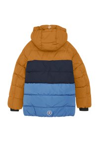 Puffjacka med huva; brun överdel, marinblå mitten och ljusblå nederdel; quiltat mönster; elastiska ärmar.