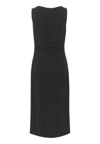 Sleeveless black midi dress with a fitted silhouette, featuring subtle ruching at the back and a smooth textured fabric.