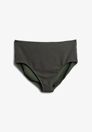 Dunkelgrüner, strukturierter Bikiniunterteil mit hoher Taille und glattem Innenfutter, mit einem gewebten Äußeren und nahtlosem Rand.