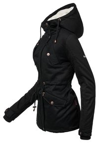 Veste d'hiver noire à capuche avec doublure en polaire blanche, fermeture éclair avant, poches à boutons, et cordons ajustables à la taille et à la capuche.