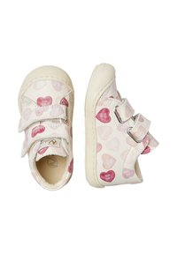 Scarpine per bambini con tomaia in pelle rosa chiaro, caratterizzate da un motivo a cuori in rosa chiaro e scuro, doppie cinghie in Velcro e suola in gomma.