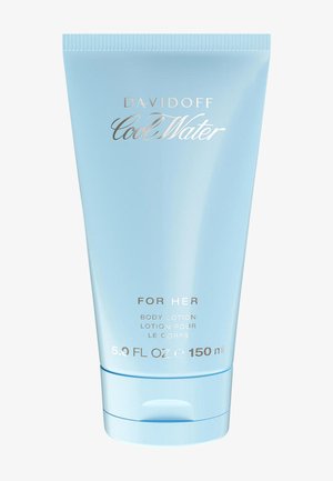 Tube bleu clair de lotion pour le corps Davidoff Cool Water pour elle, 150 ml (5,0 fl oz) avec texte argenté et bouchon à clapet.