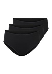 Three pairs of black cotton briefs with a smooth texture, mid-rise design, and soft elastic waistbands; no patterns or additional details.