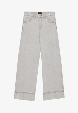 Lys grå vide jeans har en midjehøyde, fem lommer og kontrasterende sømmer. Denimmaterialet har en glatt tekstur og minimal falming.