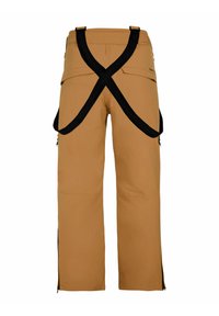 Bruine waterdichte broek met een verstelbare zwarte harnas, ritszakken aan de zijkanten en een wijd ontwerp. Glad materiaal en praktische details.