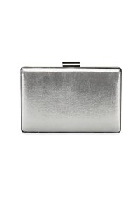 Silberner rechteckiger Clutch aus metallischem Stoff, mit einer glatten Textur und einem Metallverschluss an der Oberseite.