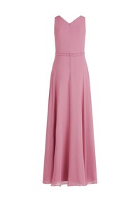 Lange roze jurk met een V-hals en een rits op de rug. Gemaakt van lichte stof, met een gestructureerde tailleband en een vloeiende rok.